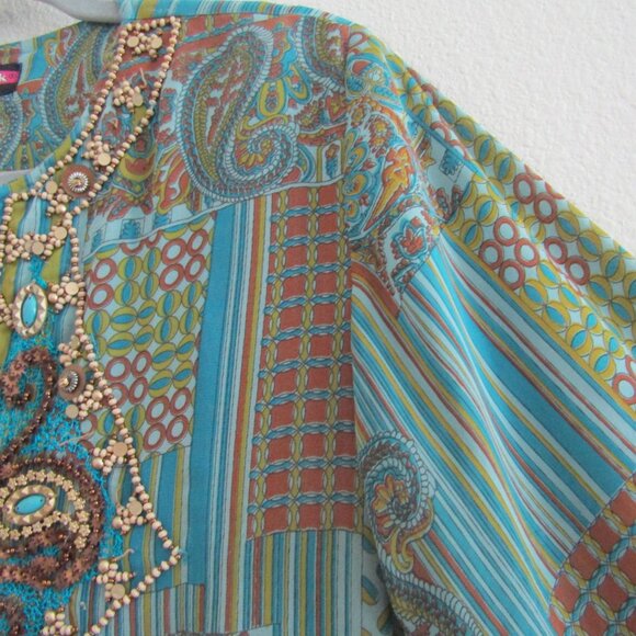 Women's Tunic Top Beaded Sheer Boho Maximalist Medium Green - Picture 5 of 11